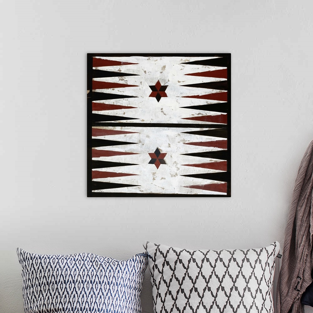 A bohemian room featuring Painting of a rustic looking backgammon board surrounded by a black border.