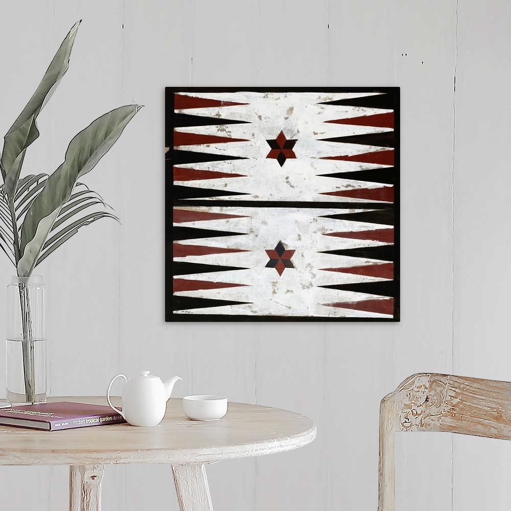 A farmhouse room featuring Painting of a rustic looking backgammon board surrounded by a black border.