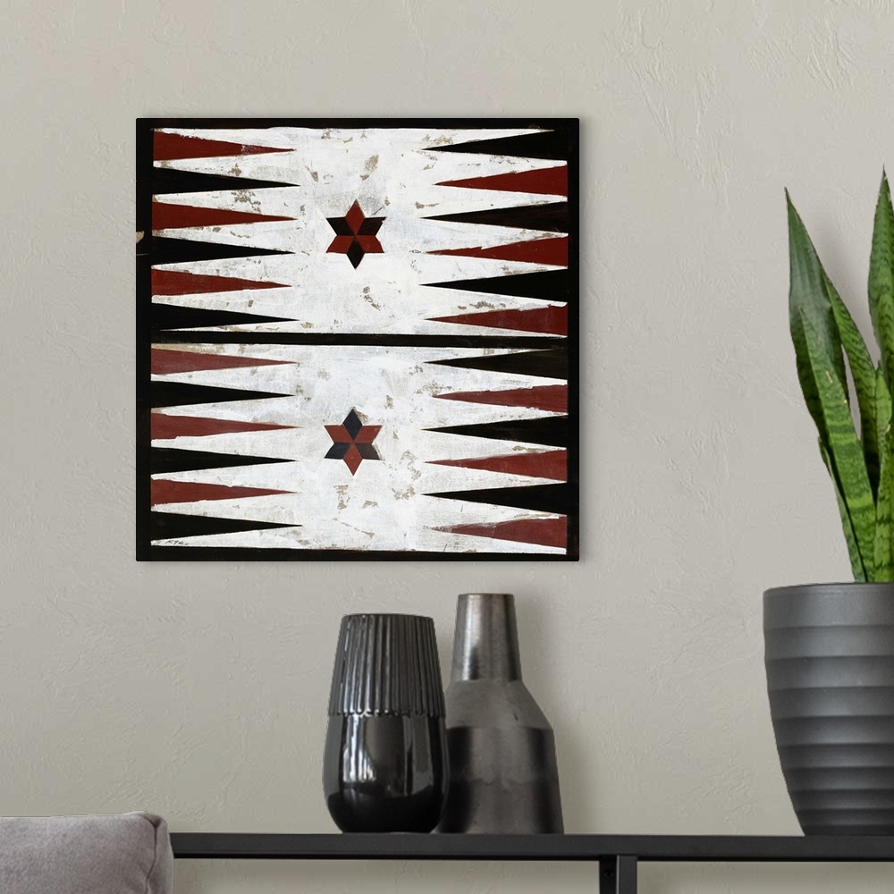 A modern room featuring Painting of a rustic looking backgammon board surrounded by a black border.