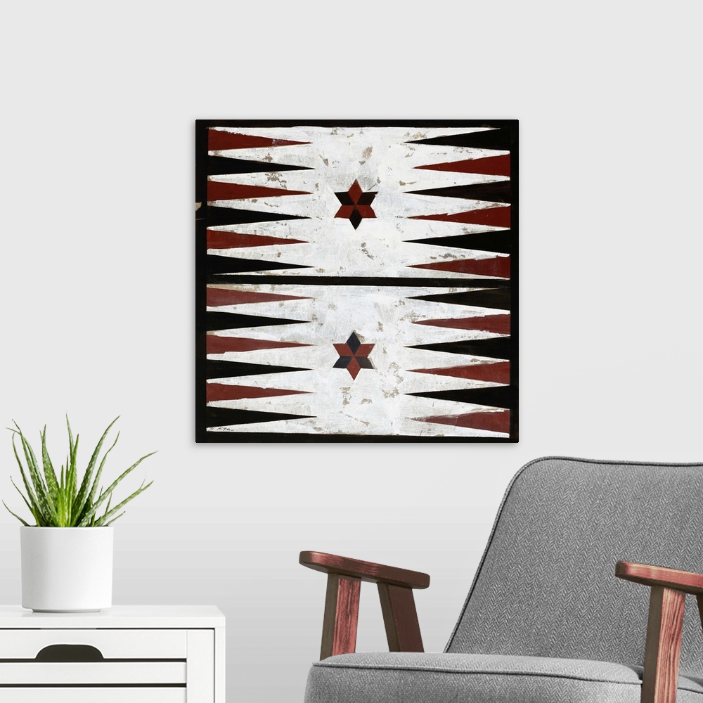 A modern room featuring Painting of a rustic looking backgammon board surrounded by a black border.