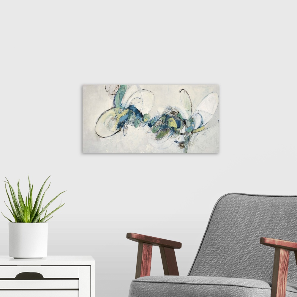 A modern room featuring Contemporary abstract painting using teal tones against a neutral background.