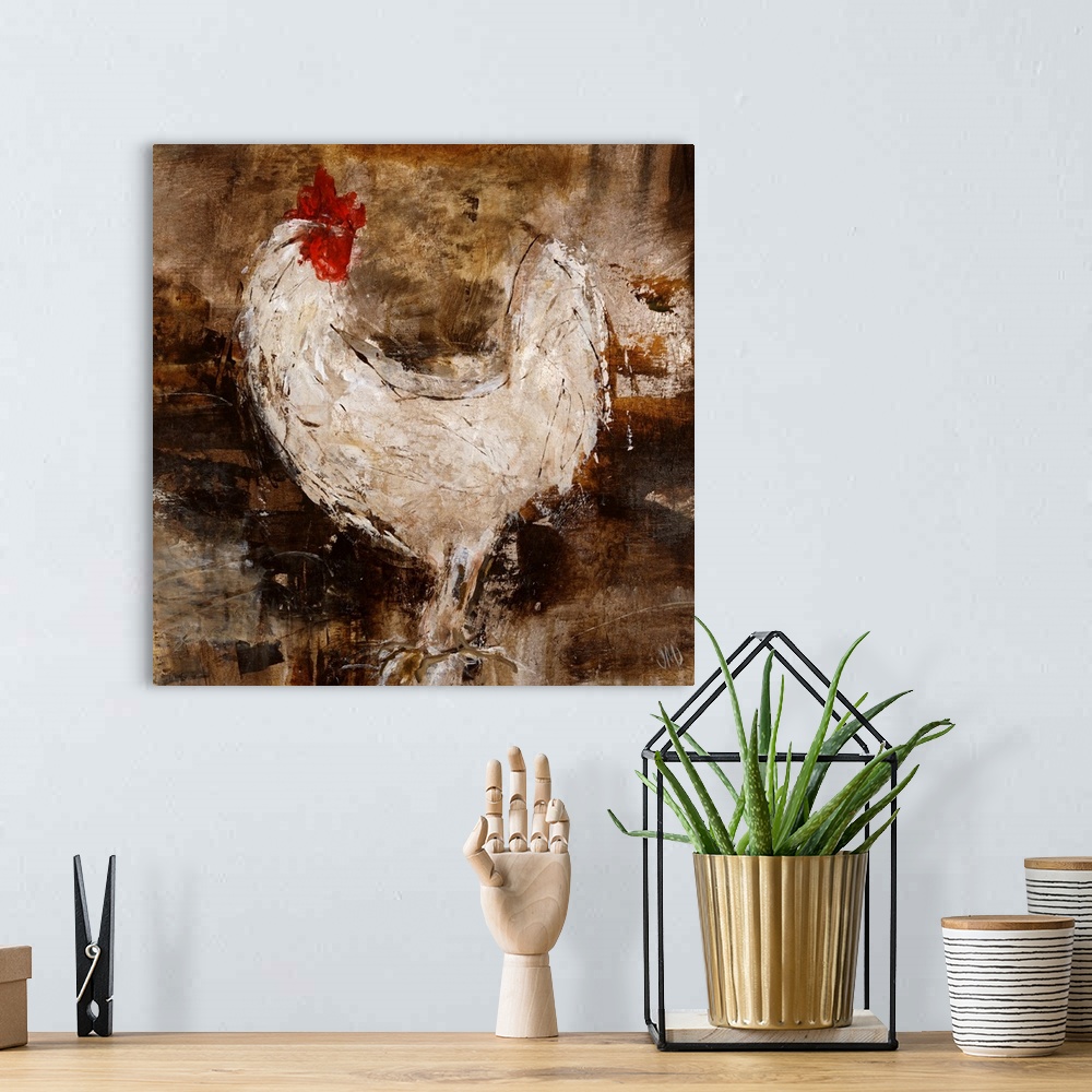 A bohemian room featuring A contemporary painting on a square canvas of a rooster painted with very gestural brushstrokes a...