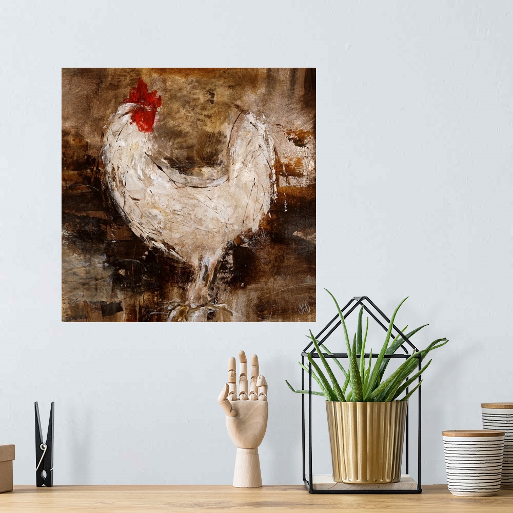 A bohemian room featuring A contemporary painting on a square canvas of a rooster painted with very gestural brushstrokes a...