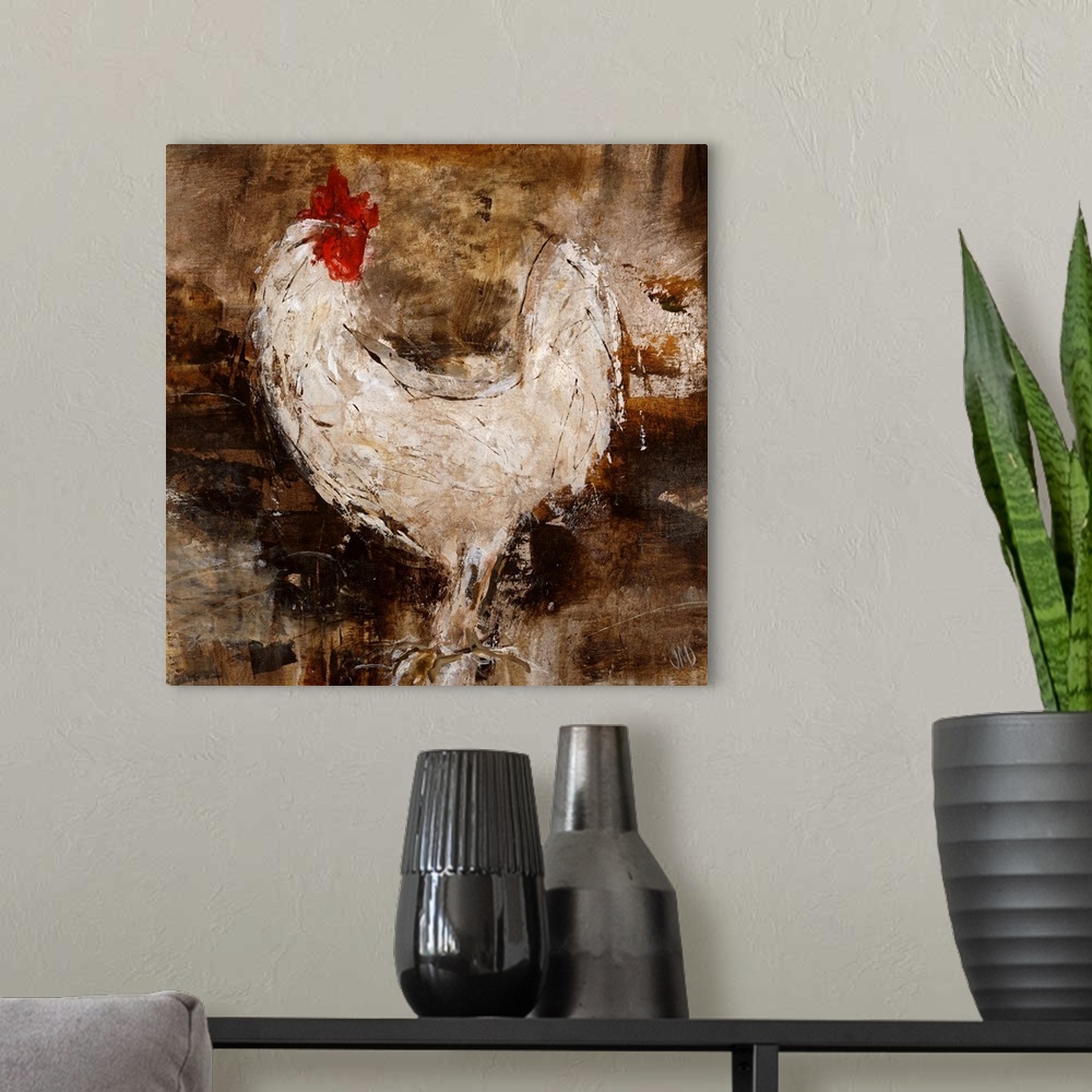 A modern room featuring A contemporary painting on a square canvas of a rooster painted with very gestural brushstrokes a...