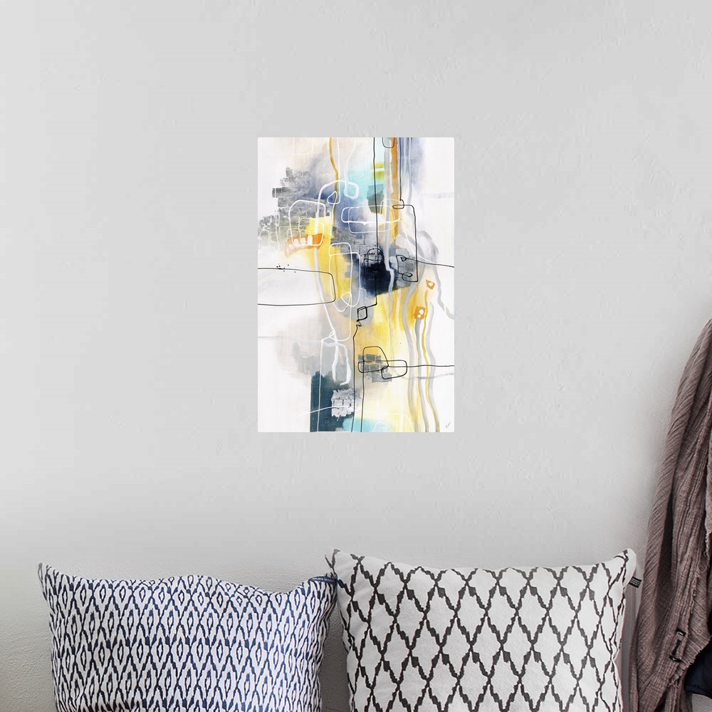 A bohemian room featuring A contemporary abstract painting of a pale colors and thin squiggly lines coming together in a ma...