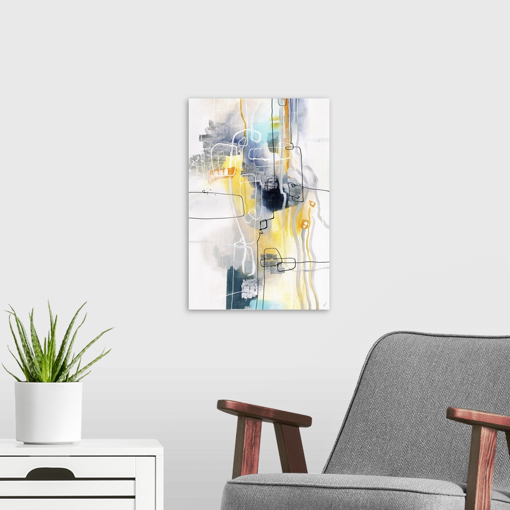 A modern room featuring A contemporary abstract painting of a pale colors and thin squiggly lines coming together in a ma...