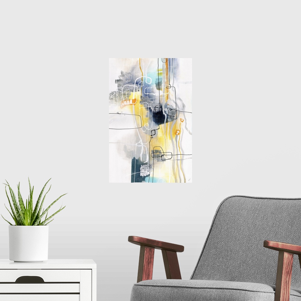 A modern room featuring A contemporary abstract painting of a pale colors and thin squiggly lines coming together in a ma...