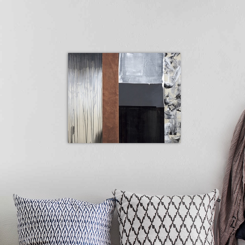 A bohemian room featuring Contemporary abstract painting made into sections of color and designs with brown, gray, and blac...