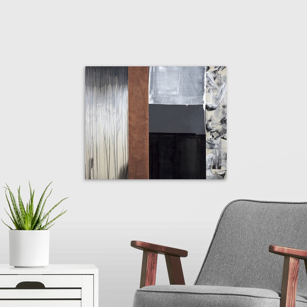 A modern room featuring Contemporary abstract painting made into sections of color and designs with brown, gray, and blac...