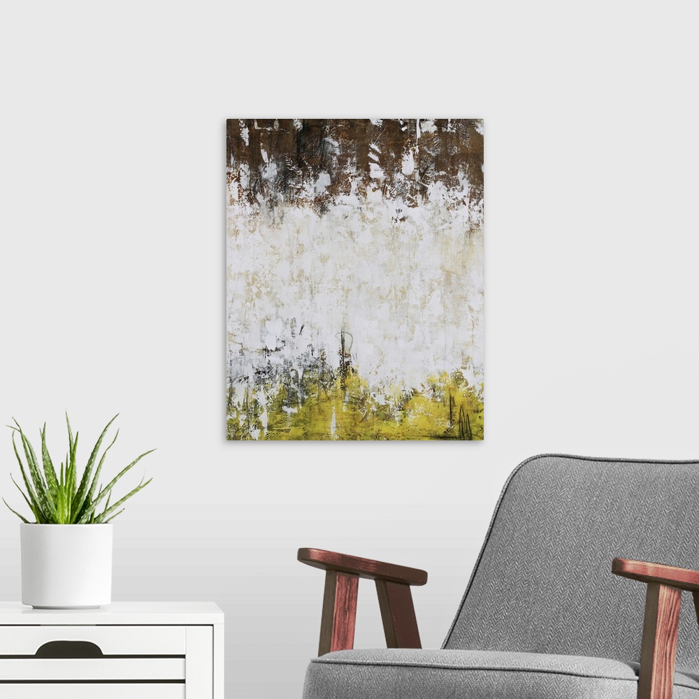 A modern room featuring Abstract painting of three horizontal layers that appear sponge painted as they overlap and inter...