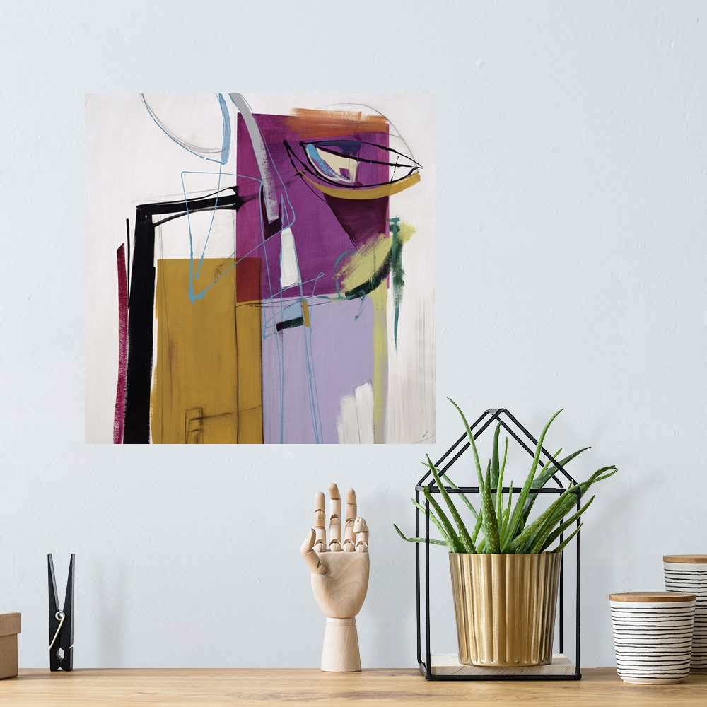 A bohemian room featuring Abstract painting of a cluster of multicolored rectangular shapes and thin lines running in vario...