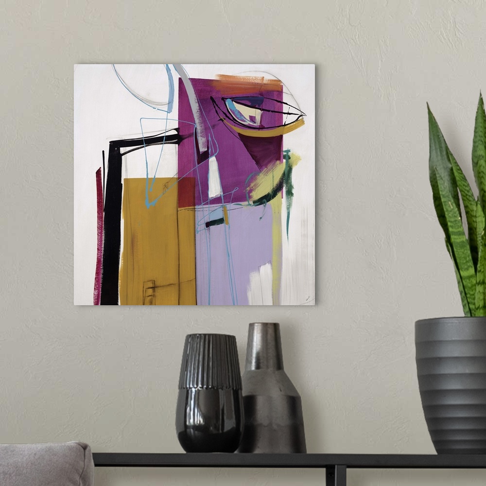 A modern room featuring Abstract painting of a cluster of multicolored rectangular shapes and thin lines running in vario...