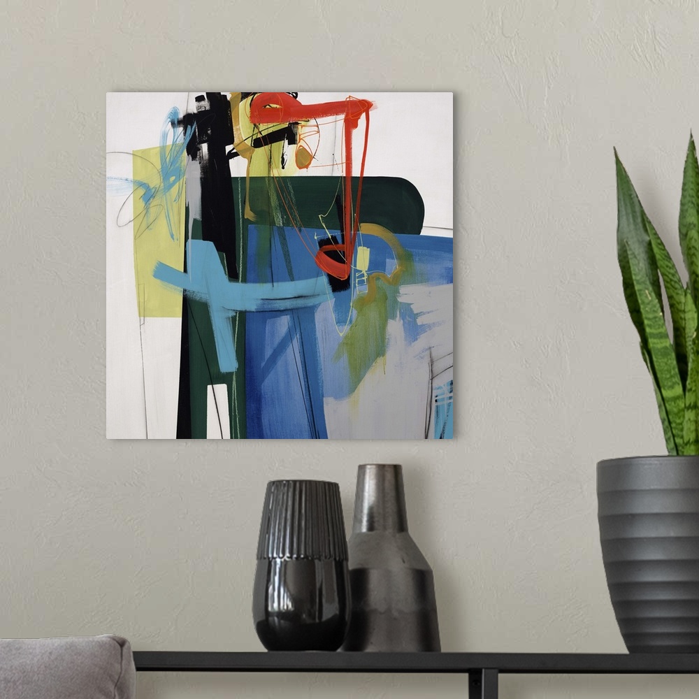 A modern room featuring Abstract painting of a cluster of multicolored various shapes and thick brushes of color, with th...