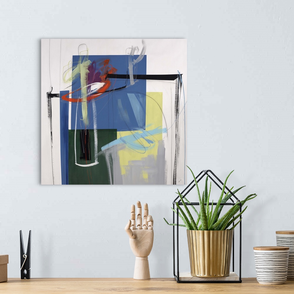 A bohemian room featuring Abstract painting using vibrant colors in different different shapes against a neutral background.