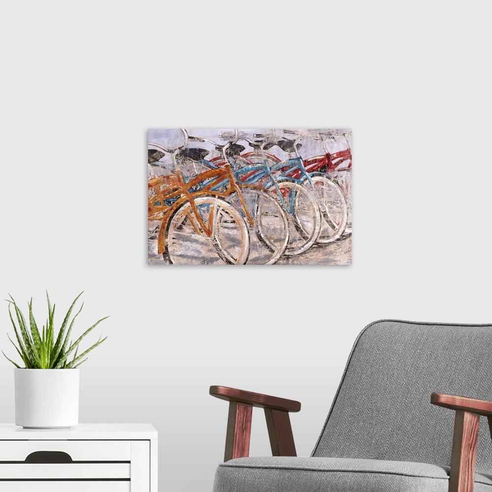 A modern room featuring Contemporary painting with orange, blue, and red bicycles parked in a line.