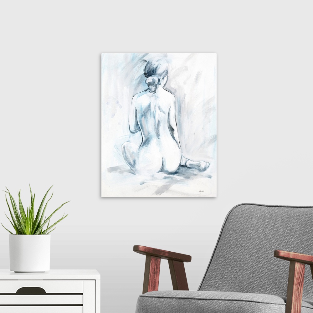A modern room featuring Cool toned abstract painting of the backside of a naked woman with her hair tied up in a low pony...