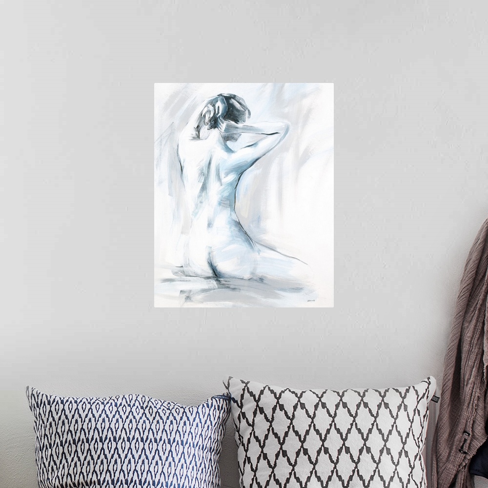 A bohemian room featuring Cool toned painting of a nude woman with her hands up near her head fixing her hair.