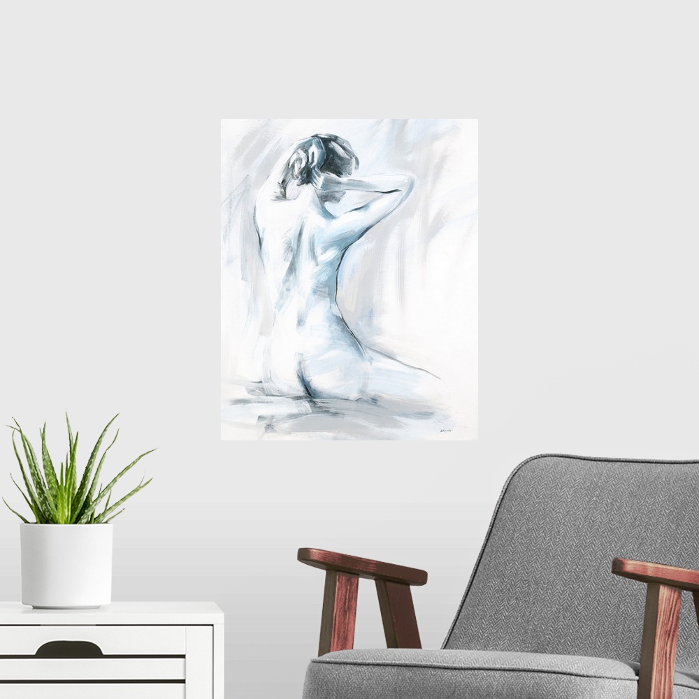A modern room featuring Cool toned painting of a nude woman with her hands up near her head fixing her hair.