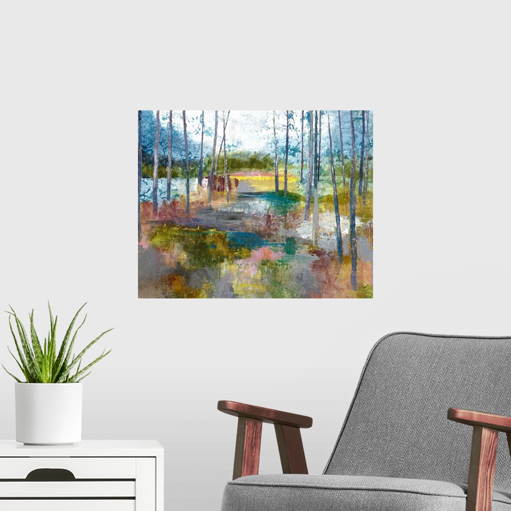 A modern room featuring Contemporary abstract painting of a landscape with trees and a colorful multi-colored ground.