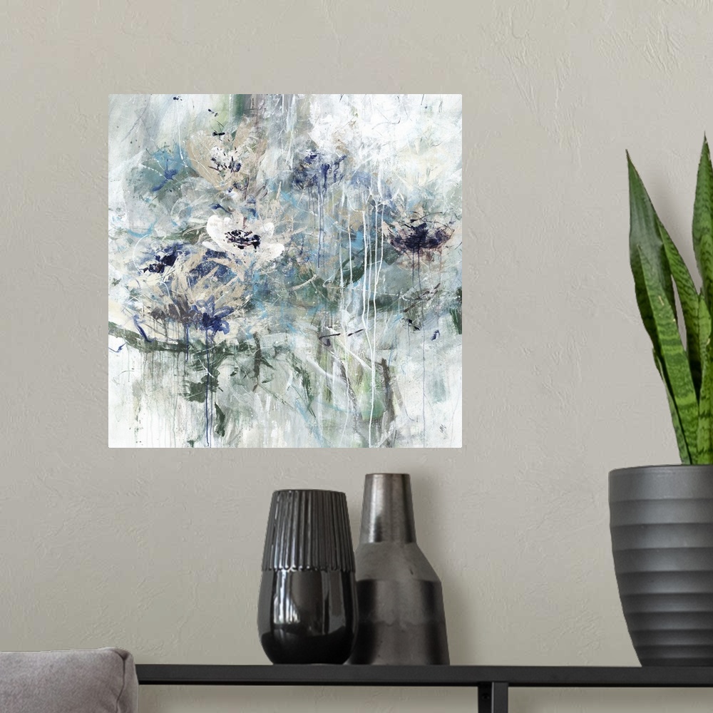 A modern room featuring Square abstract floral painting in shades of green, blue and white.