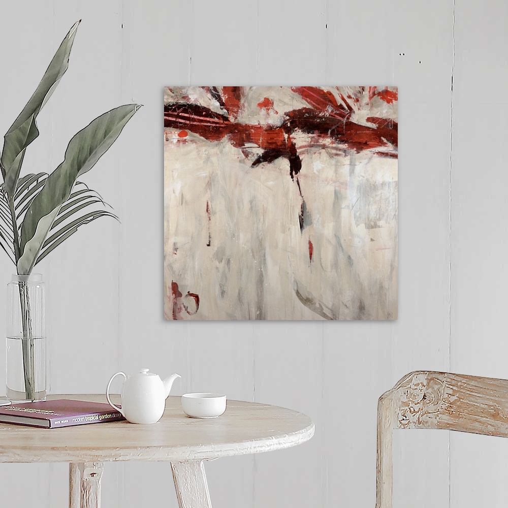 A farmhouse room featuring Modern abstract painting of streaks of color on a blank background.
