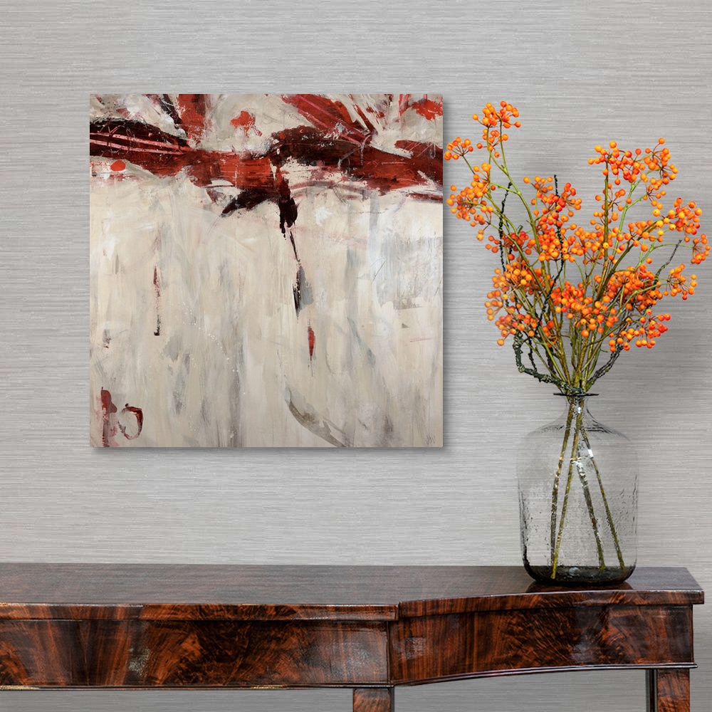 A traditional room featuring Modern abstract painting of streaks of color on a blank background.