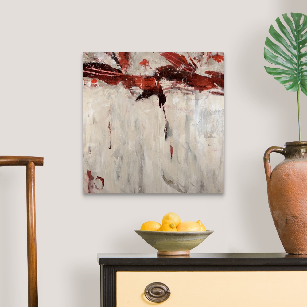 A traditional room featuring Modern abstract painting of streaks of color on a blank background.