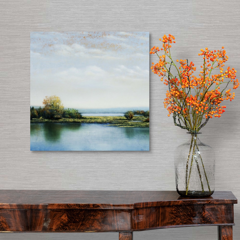 A traditional room featuring Landscape painting of shrubs and greenery in a marsh, surrounded by calm waters, beneath a light ...