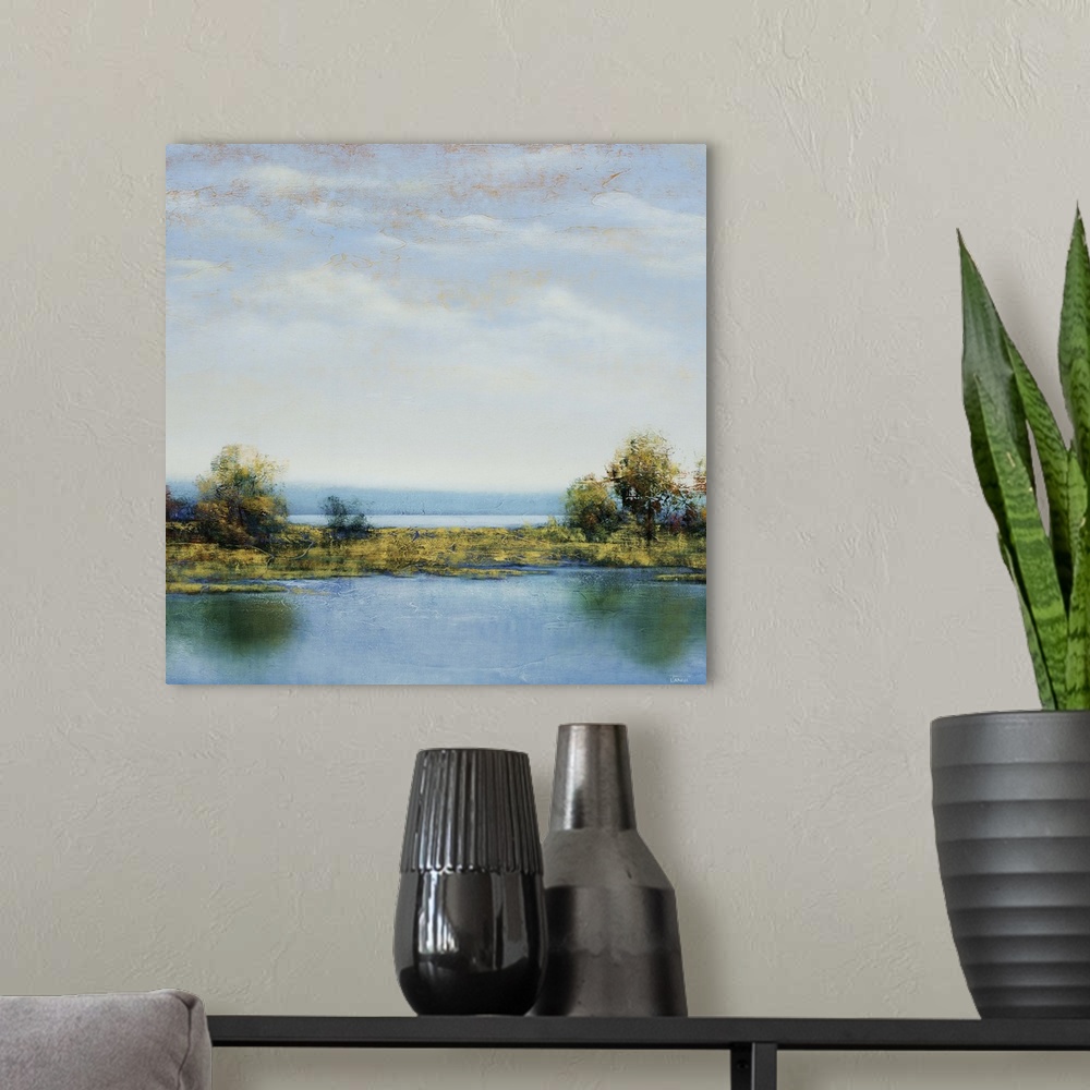 A modern room featuring Landscape painting of shrubs and greenery in a marsh, surrounded by calm waters, beneath a light ...