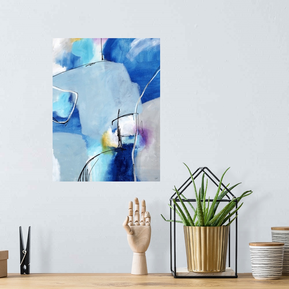 A bohemian room featuring Contemporary abstract painting using blue tones and thin white lines sectioning off shapes.