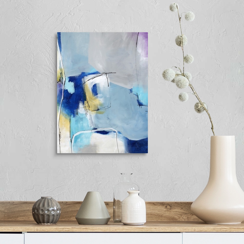 A farmhouse room featuring Contemporary abstract painting using blue tones and thin white lines sectioning off shapes.