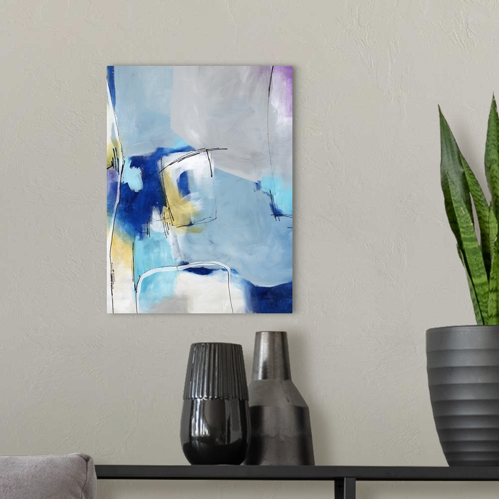 A modern room featuring Contemporary abstract painting using blue tones and thin white lines sectioning off shapes.