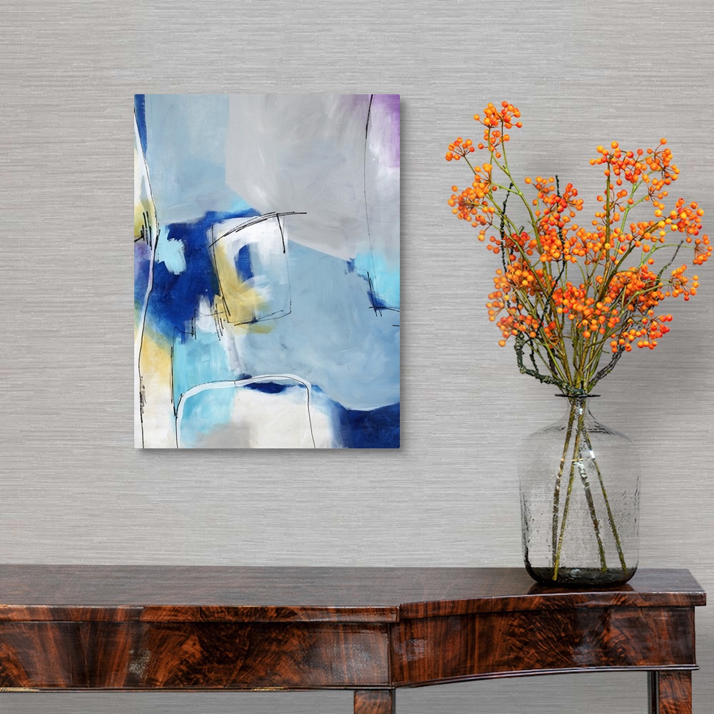 A traditional room featuring Contemporary abstract painting using blue tones and thin white lines sectioning off shapes.