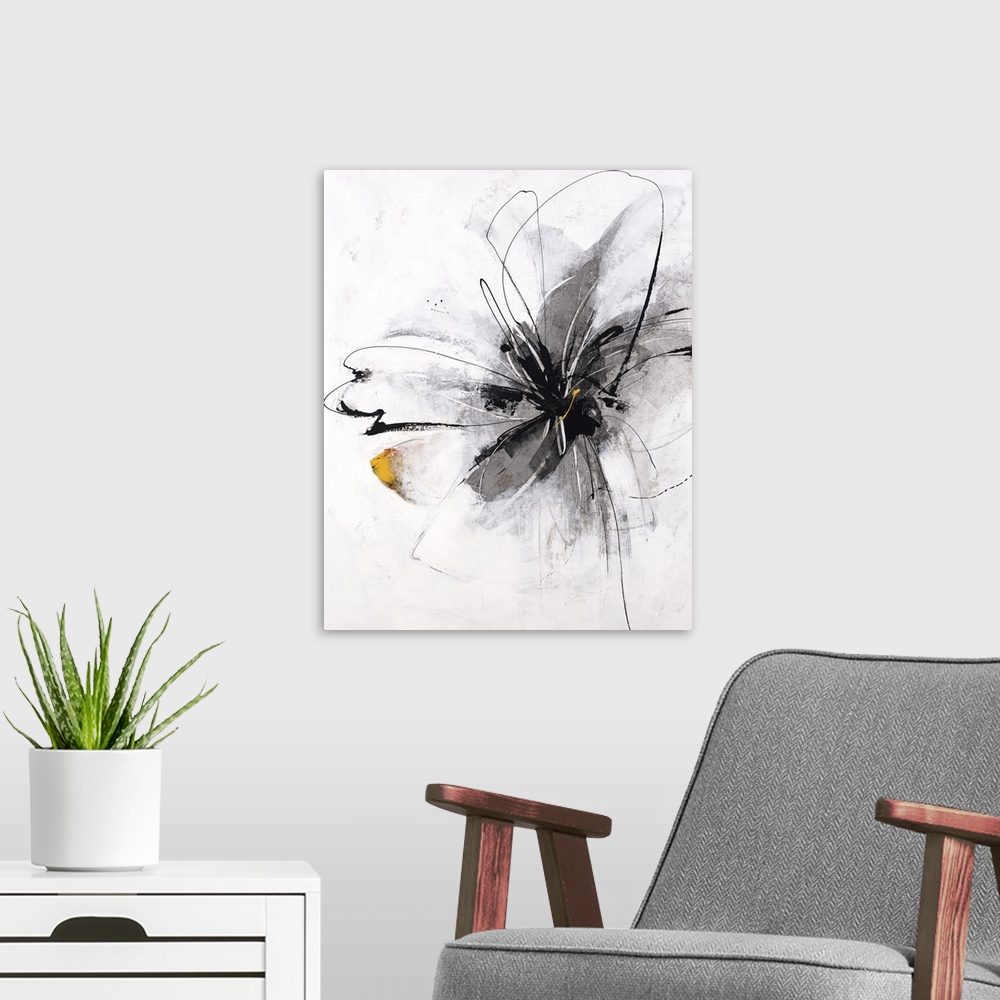 A modern room featuring Painting of a single flower in bloom in gray.