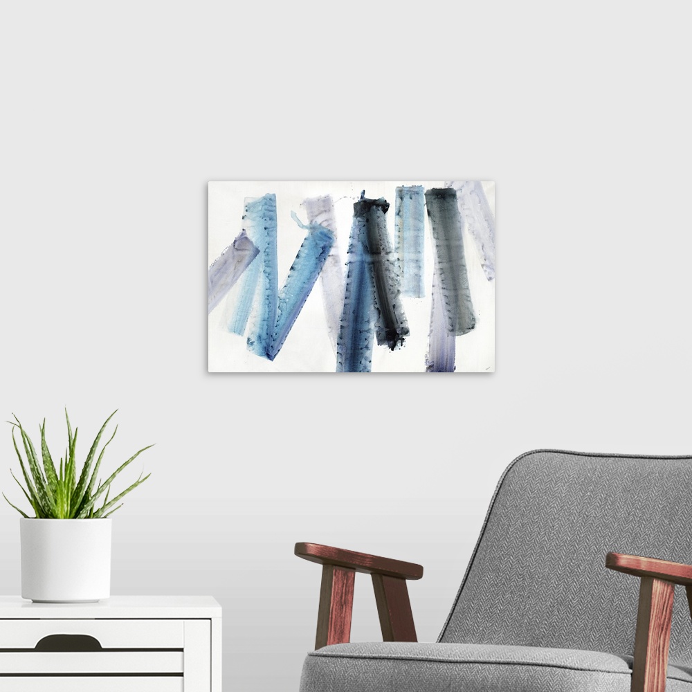 A modern room featuring An energetic blend of sweeping strokes of blue and gray colors in the center of the artwork.