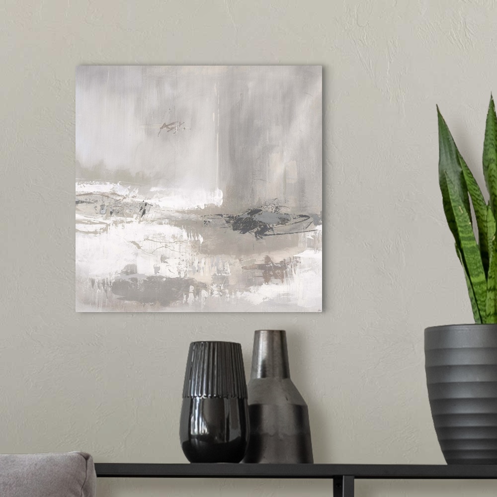 A modern room featuring Contemporary abstract painting of neutral colors to create depth.