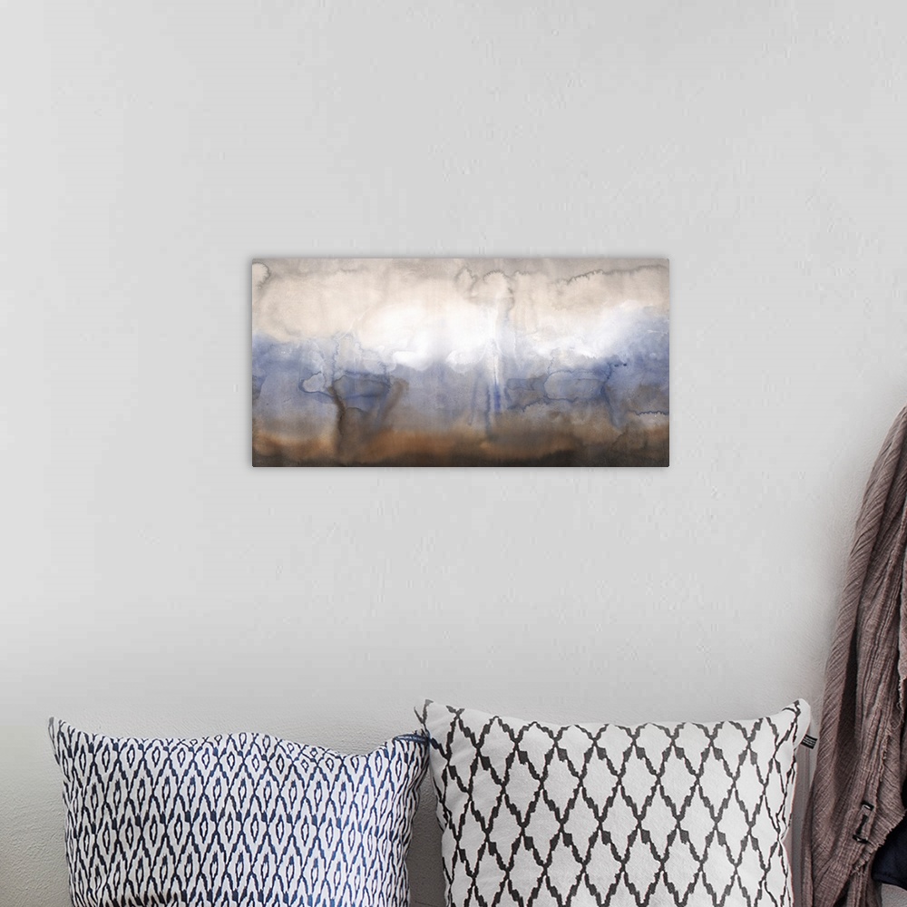 A bohemian room featuring Contemporary abstract painting using a transition of a white blue and brown.