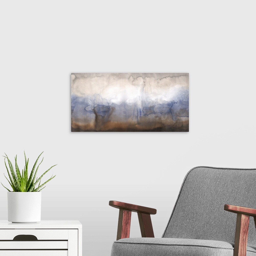 A modern room featuring Contemporary abstract painting using a transition of a white blue and brown.