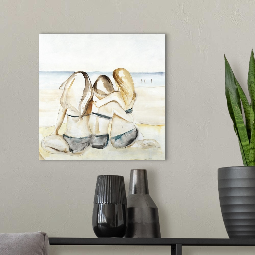 A modern room featuring Square watercolor painting of three girls in bikinis sitting next to each other on the beach look...