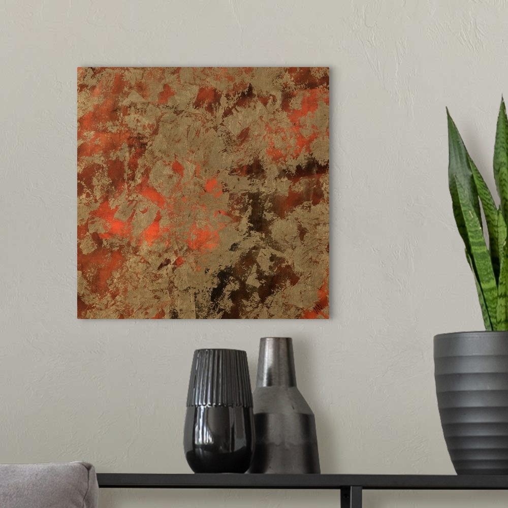 A modern room featuring This square shaped decorative accent is a wall hanging panel of warm paints with intriguing textu...