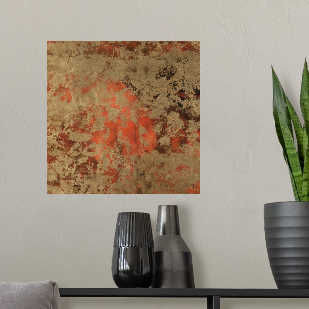 A modern room featuring This abstract artwork is part of a series of warm colored images with intricate textures.