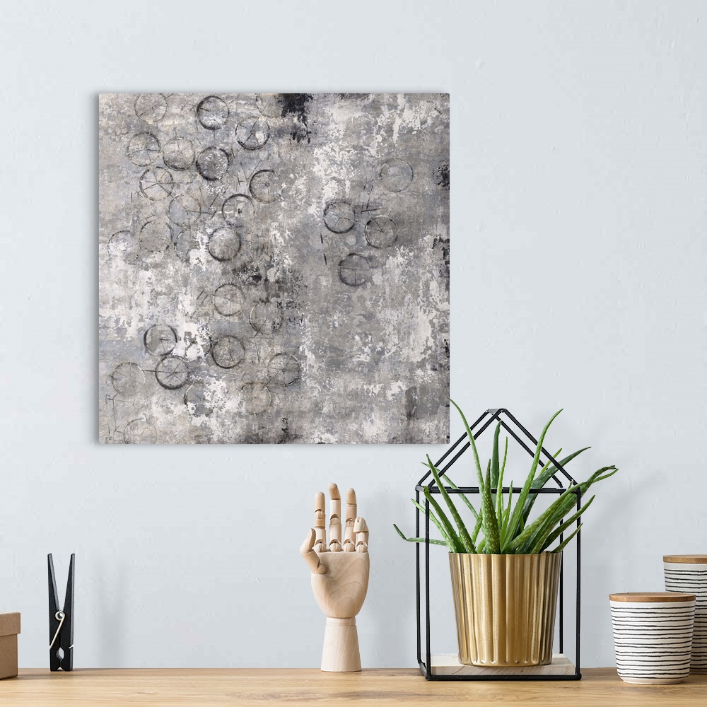 A bohemian room featuring Contemporary semi-abstract painting with half-hidden bicycle shapes.