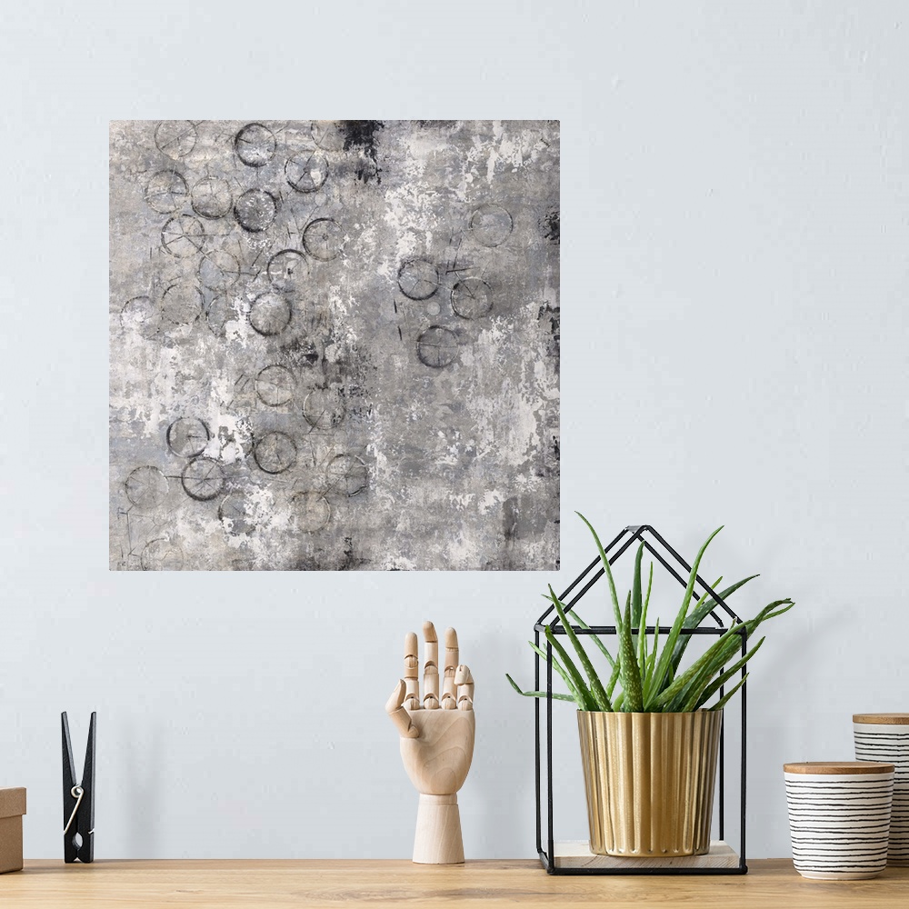 A bohemian room featuring Contemporary semi-abstract painting with half-hidden bicycle shapes.