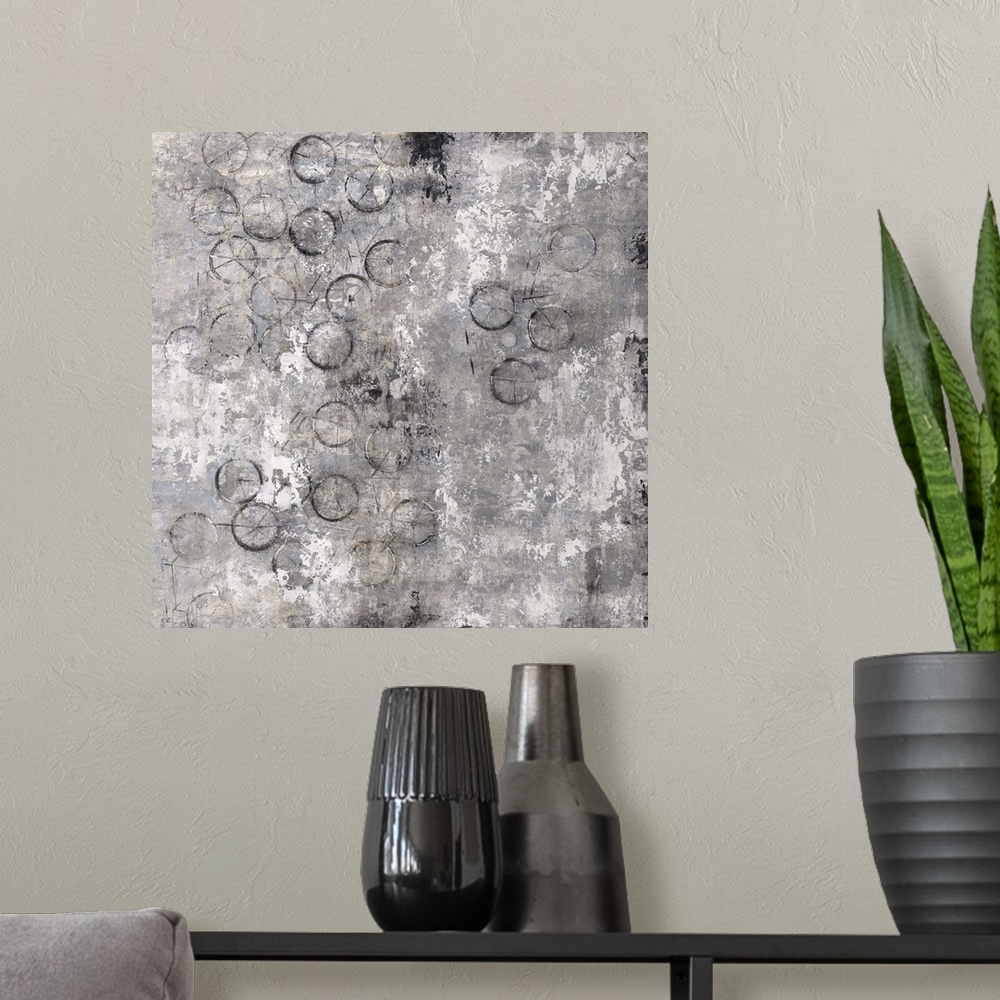 A modern room featuring Contemporary semi-abstract painting with half-hidden bicycle shapes.