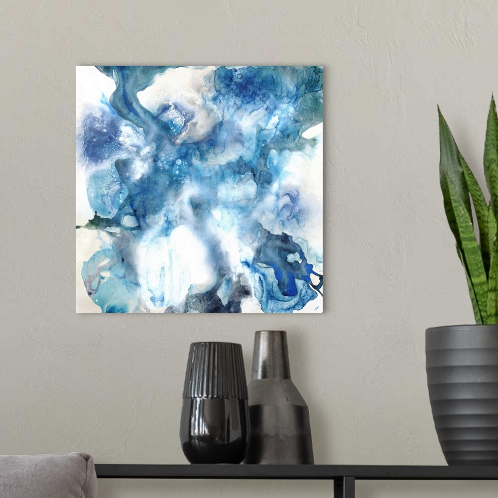 A modern room featuring Abstract contemporary painting in blue and green tones, resembling a cloudy sky.