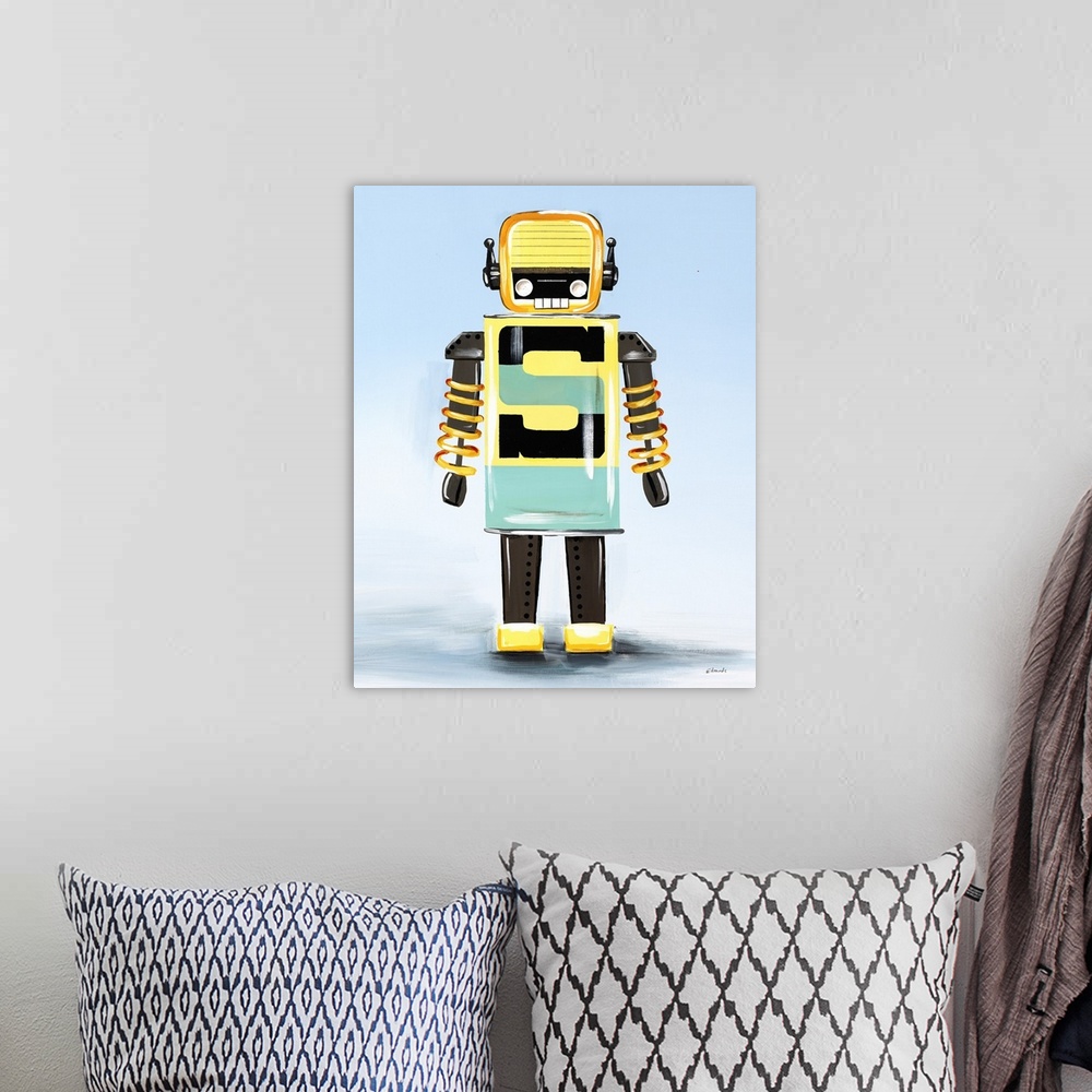 A bohemian room featuring Contemporary painting of a yellow, green, and gray robot on a light blue and white background.
