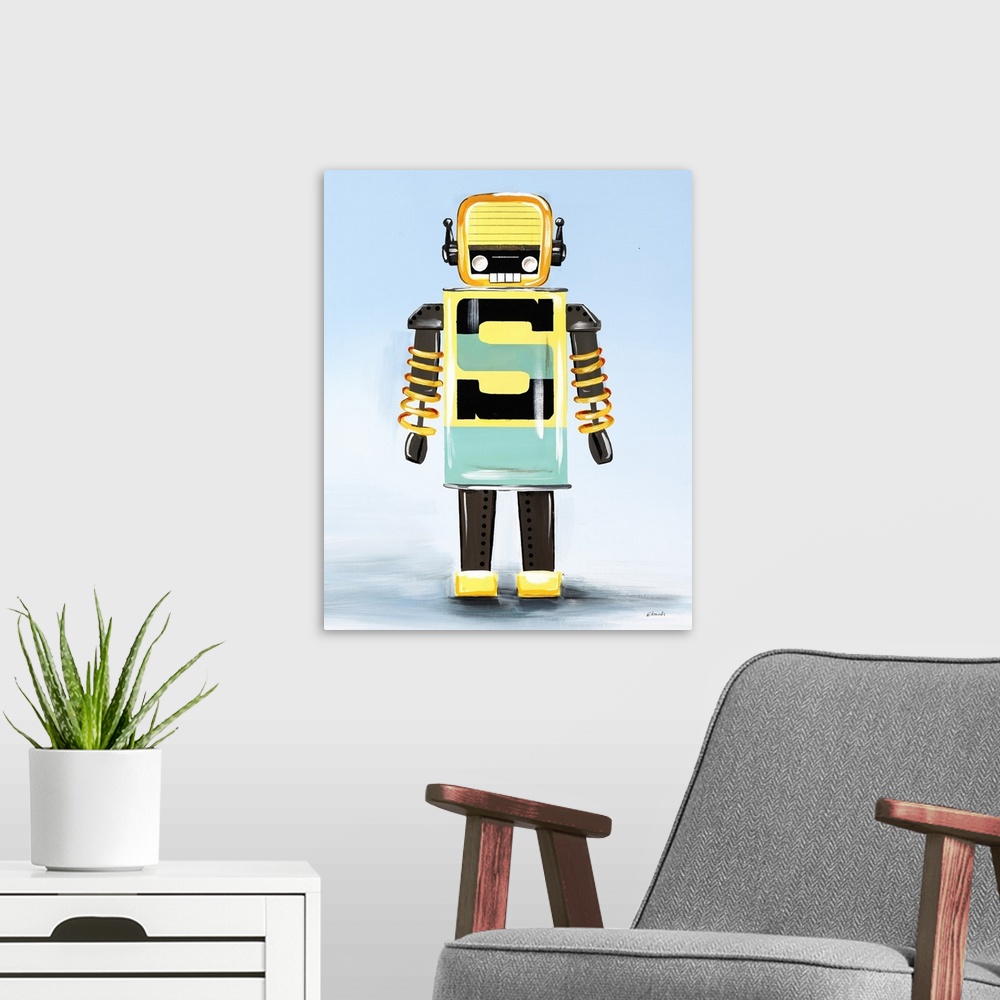 A modern room featuring Contemporary painting of a yellow, green, and gray robot on a light blue and white background.