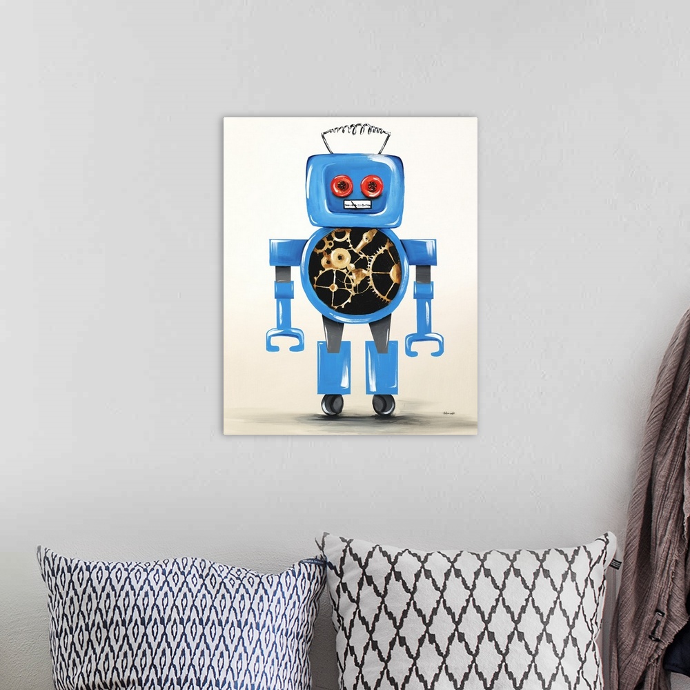 A bohemian room featuring Contemporary painting of a blue robot with red button eyes and gold mechanical wheels in its stom...