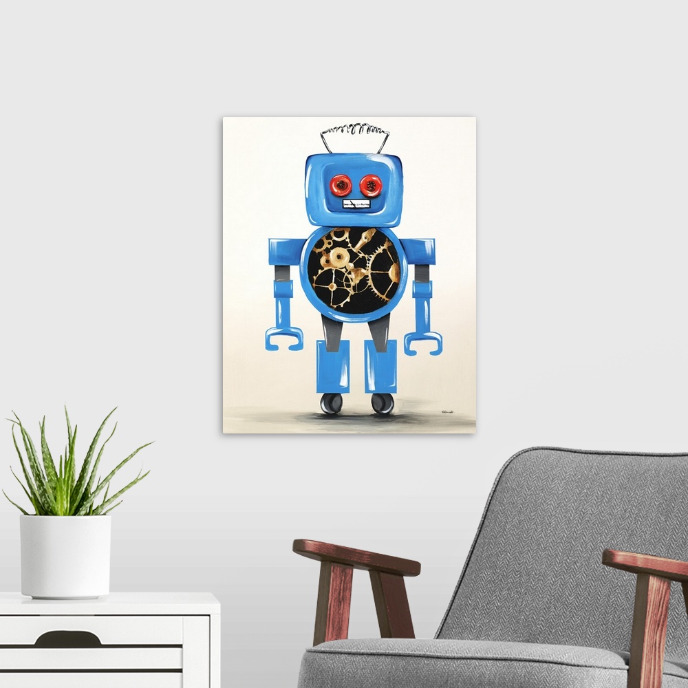 A modern room featuring Contemporary painting of a blue robot with red button eyes and gold mechanical wheels in its stom...