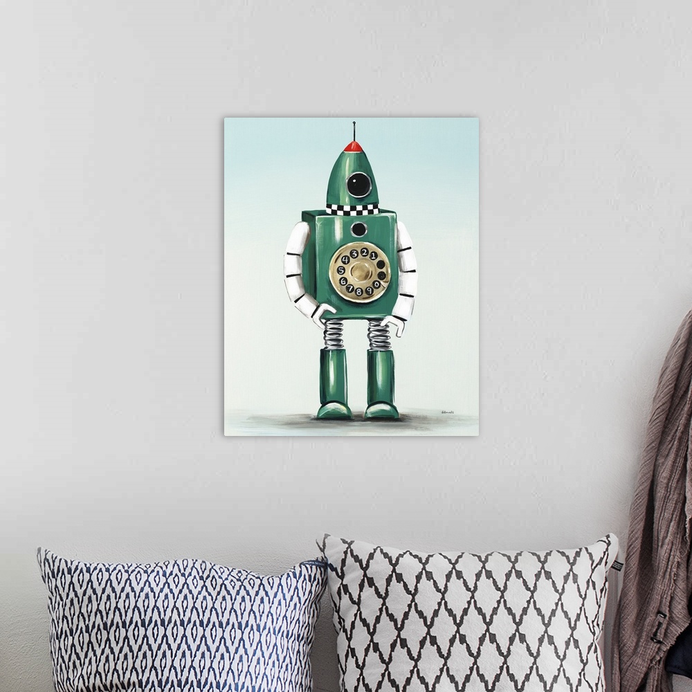 A bohemian room featuring Contemporary painting of a green robot with an old fashioned phone dial on its middle section.